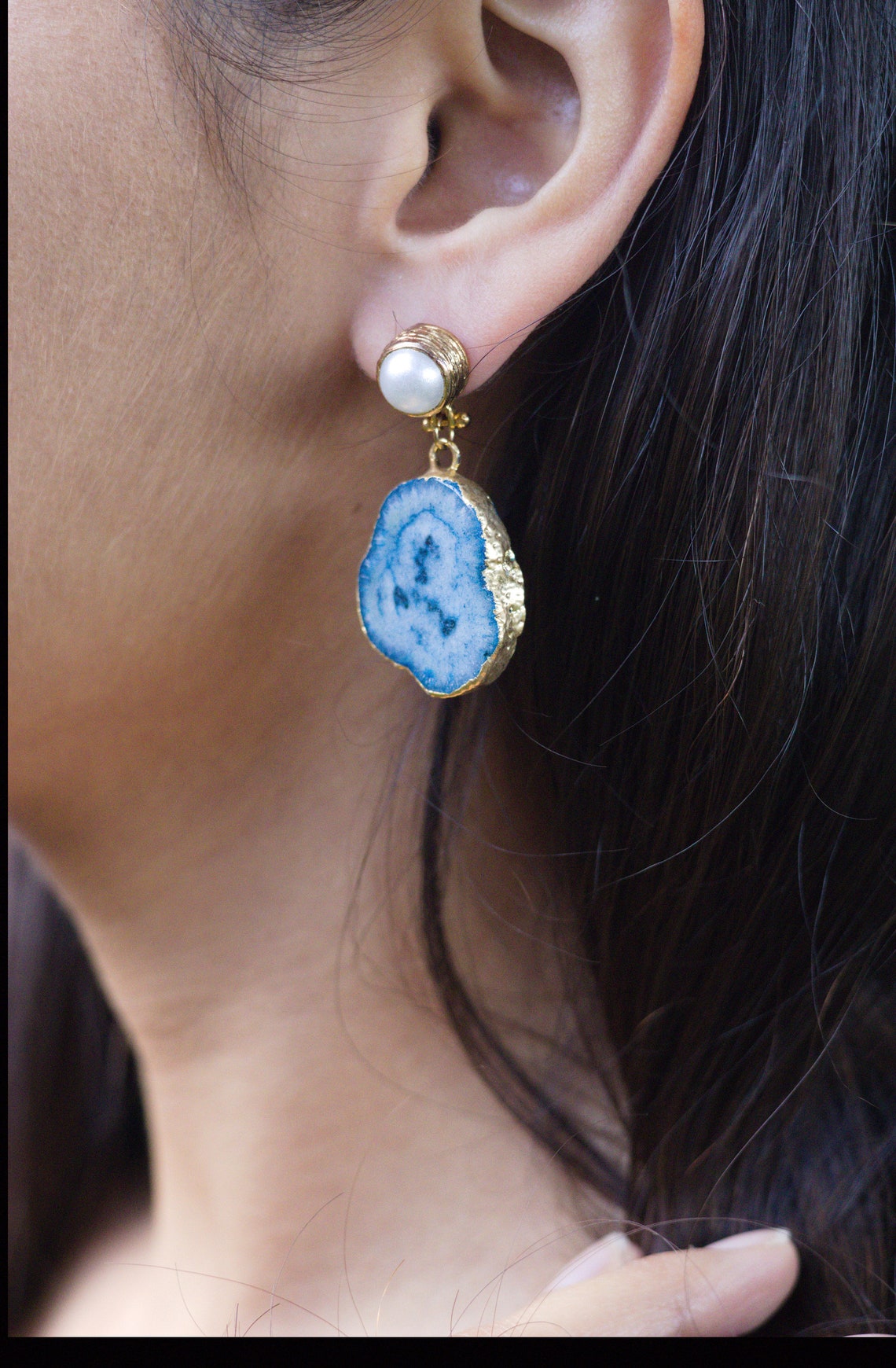 Blue Agate Slice Geode Earrings With Real Pearl