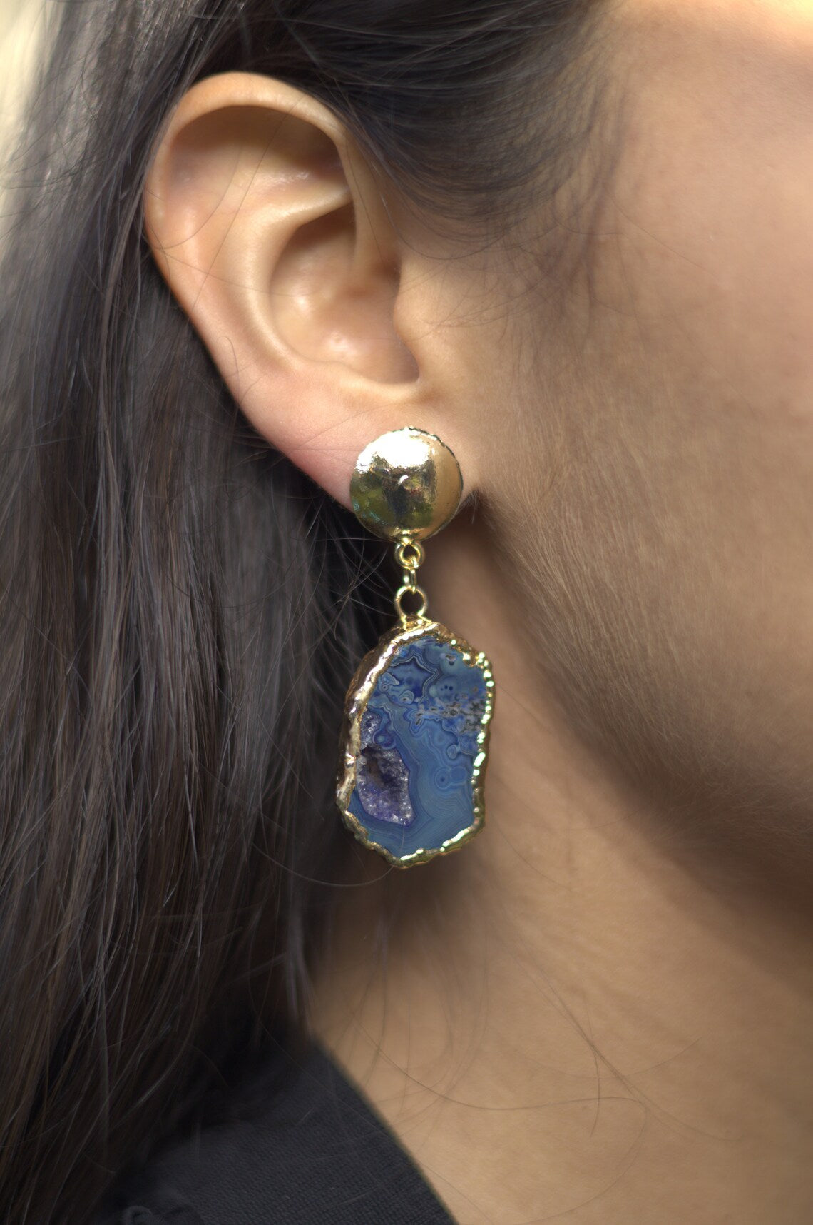 Blue Agate Slice Earrings