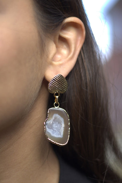 Natural Coffee Brown Agate Geode Slice Earrings