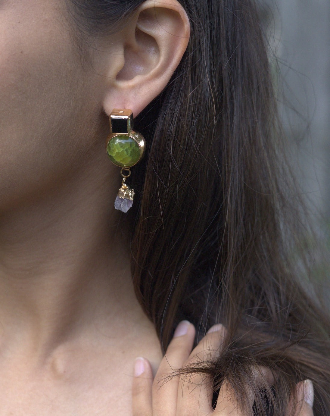 Natural Green Quartz Earring with amethyst underneath