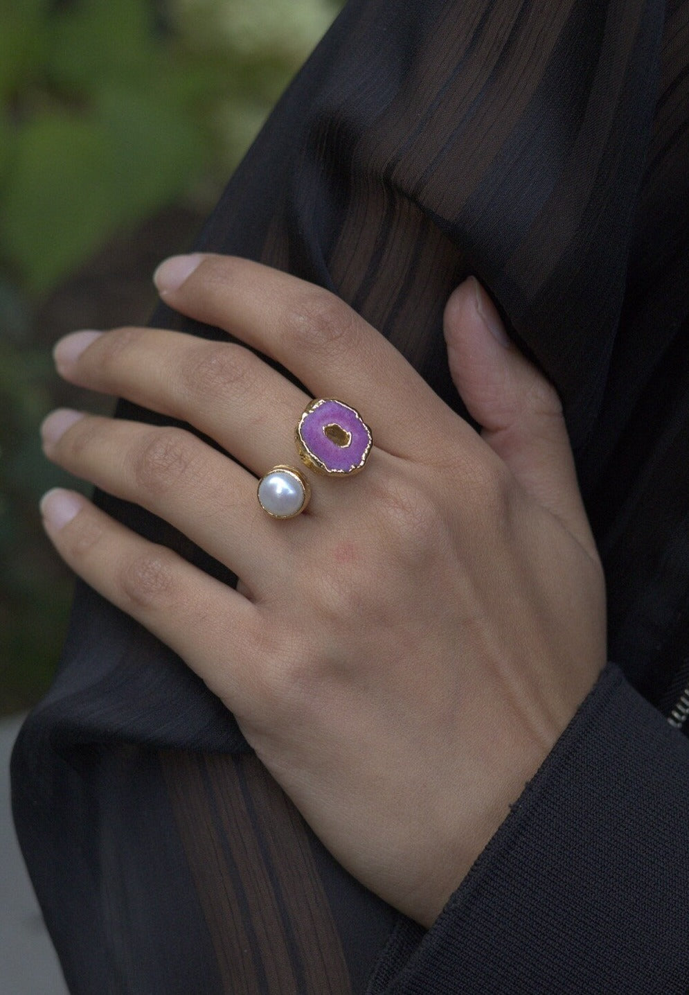 Pink Agate Ring With Real Pearl