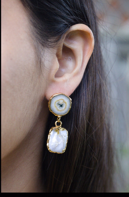 Agate Slice Geode With Baroque Pearl Earrings