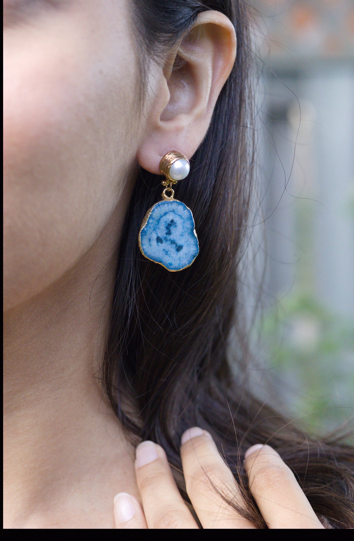 Blue Agate Slice Geode Earrings With Real Pearl