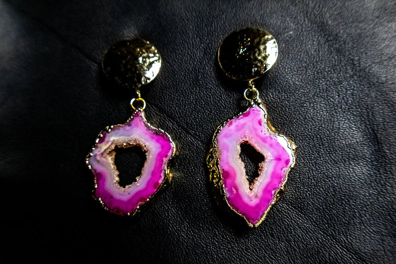 Pink Agate Geode Earrings