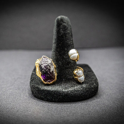 Natural Amethyst And Pearl Gemstone Ring