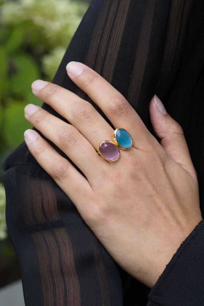 Dual-Tone Natural Cat's Eye Quartz Gemstone Ring