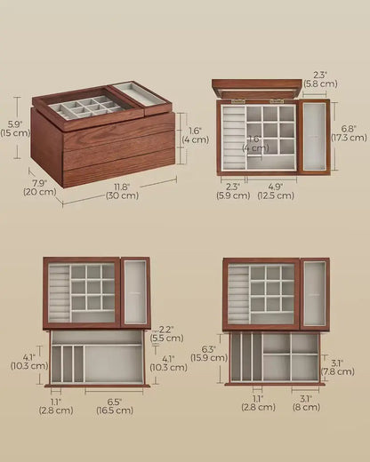 3 Layer Wooden Jewelry Box With Clear Lid