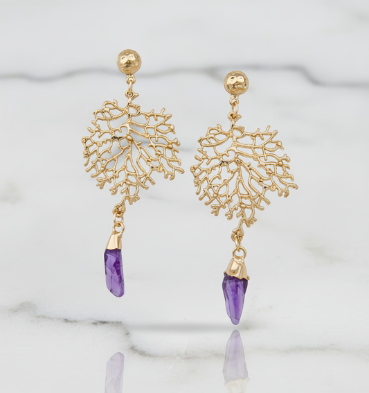 Natural Amethyst Gemstone Coral Earrings